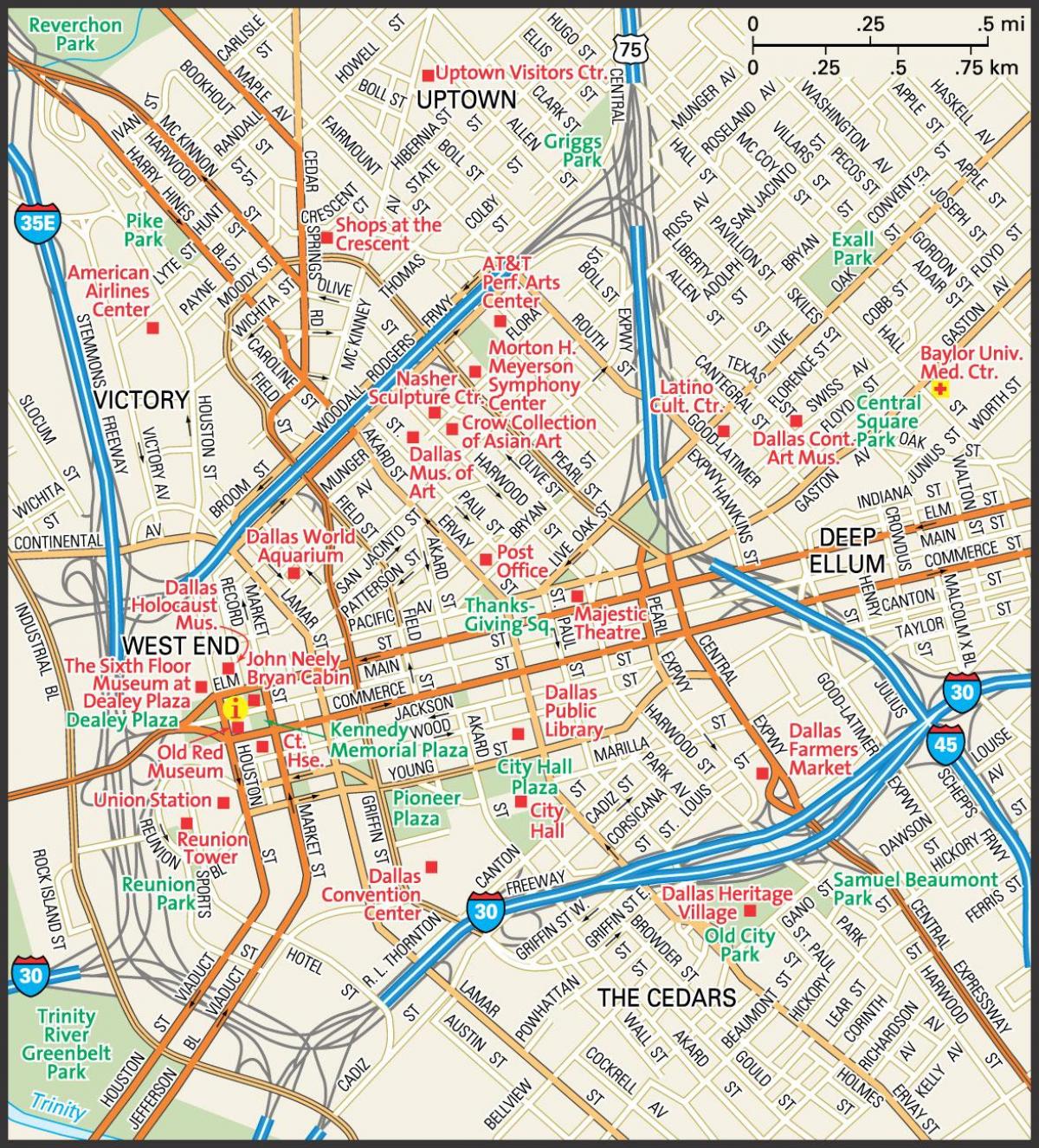 térkép downtown Dallas utcán